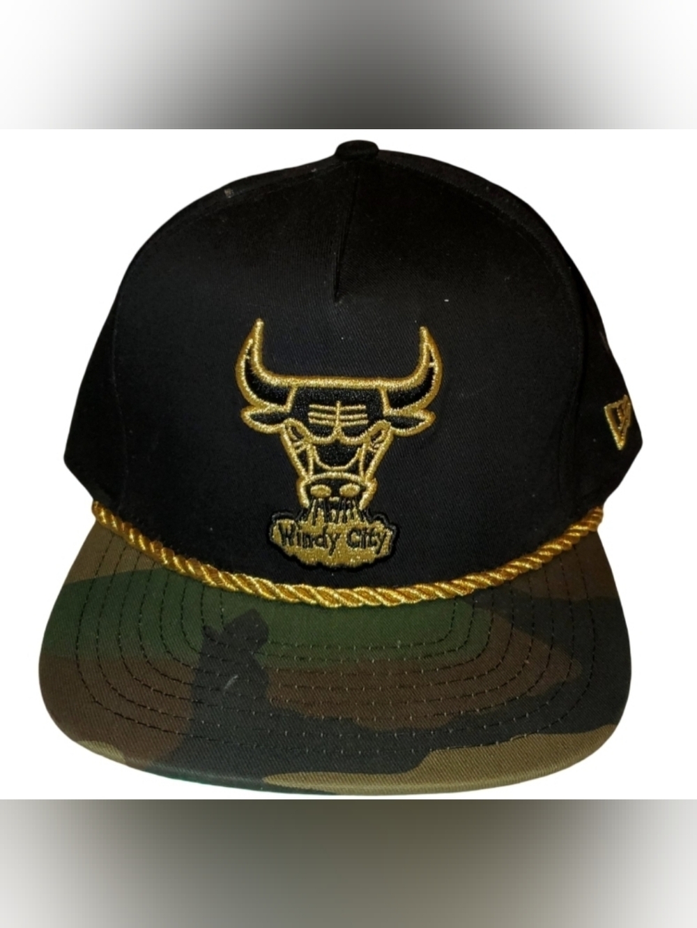 Black & Gold Windy City Rope Snapback Hat with Camo Brim